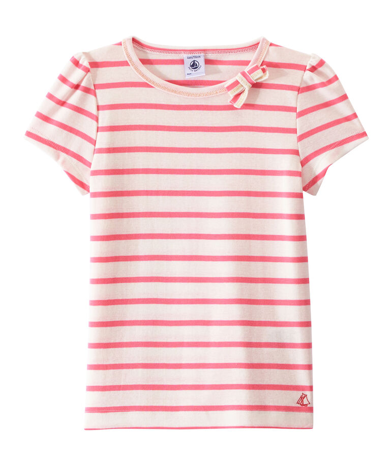 Girl's sailor-striped T-shirt MARSHMALLOW white/PETAL pink