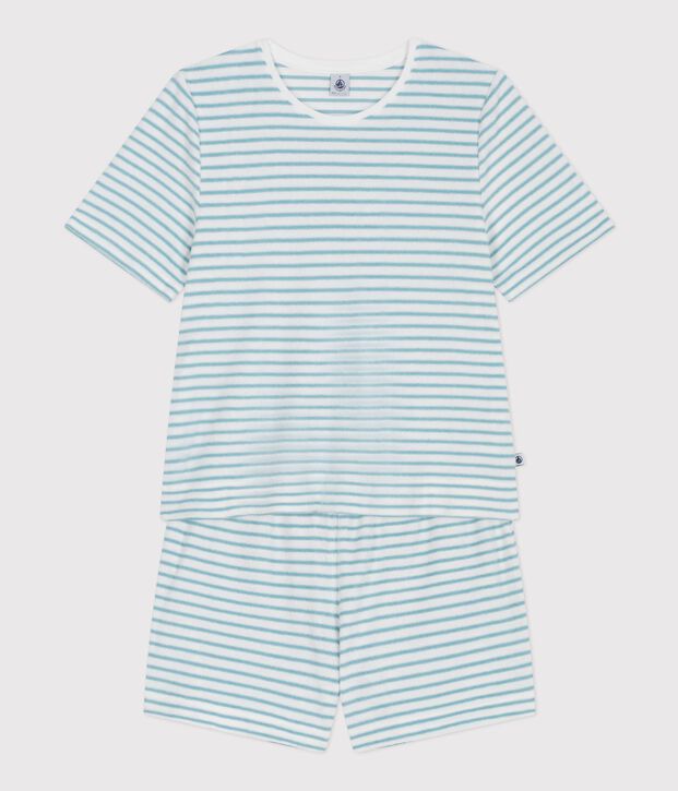 Women's short stripy cotton terry pyjamas white/blue