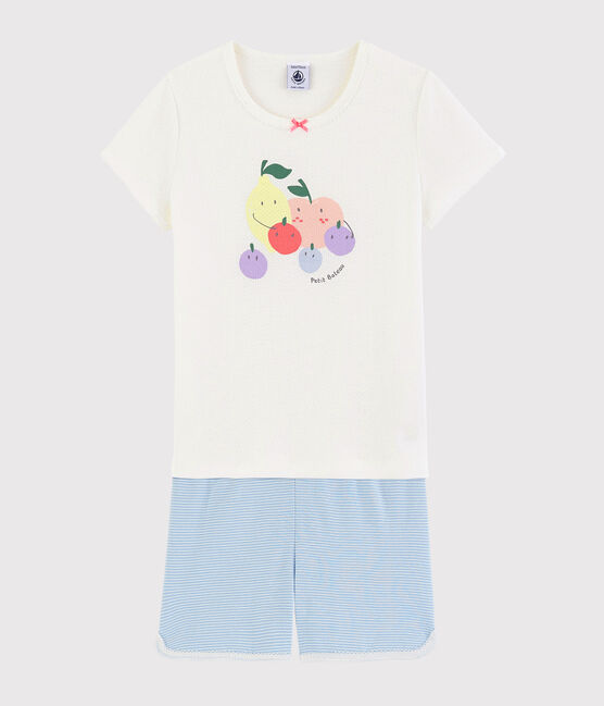 Girls' Summer Fruit Pattern Cotton Short Pyjamas MARSHMALLOW white/MULTICO white