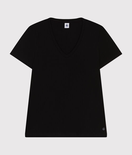 Women's Straight long-sleeved V-necked fine jersey T-shirt BLACK black