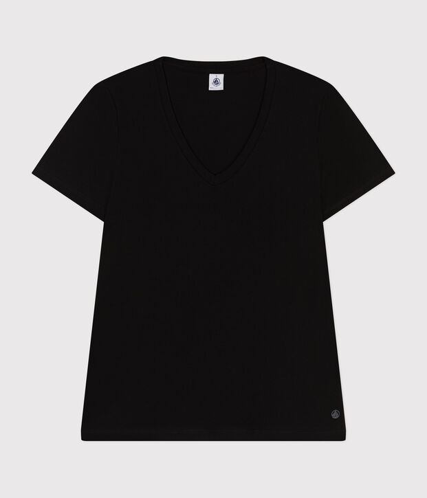 Women's Straight long-sleeved V-necked fine jersey T-shirt black