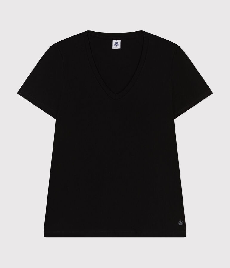Women's Straight long-sleeved V-necked fine jersey T-shirt black
