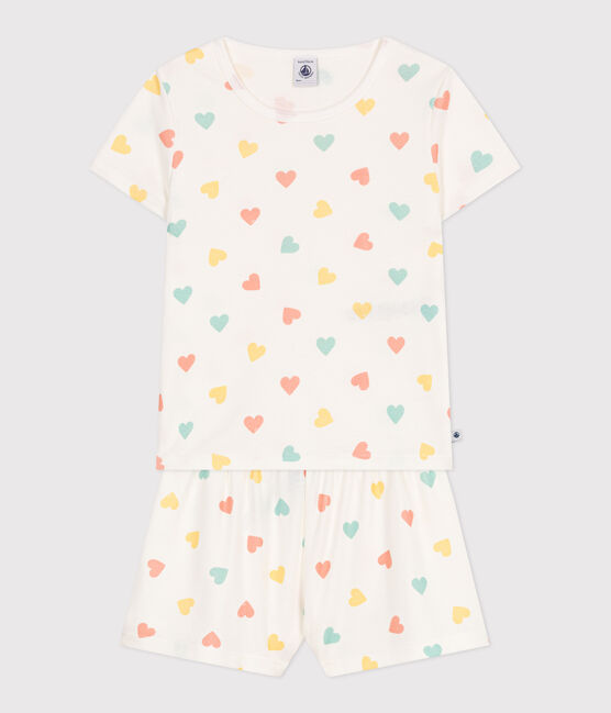 Children's short heart print cotton pyjamas MARSHMALLOW white/MULTICO white