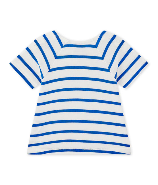 Baby girl's long-sleeved striped T-shirt MARSHMALLOW white/PERSE blue