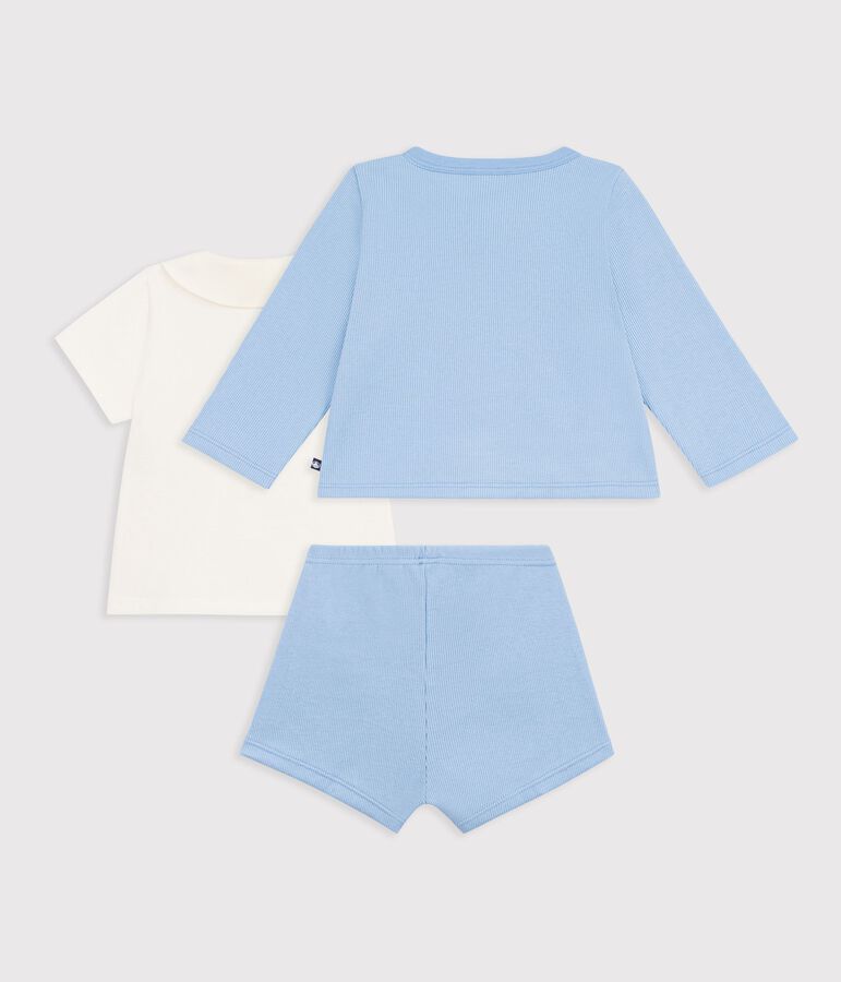 Babies' three-piece set in cotton with embroidery on the collar blue