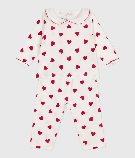 Babies' two-piece pyjamas printed with hearts MARSHMALLOW white/TERKUIT red