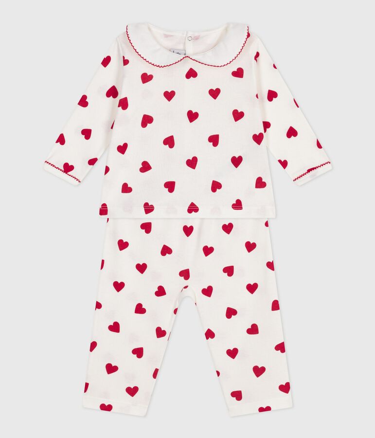 Babies' two-piece pyjamas printed with hearts MARSHMALLOW white/TERKUIT red