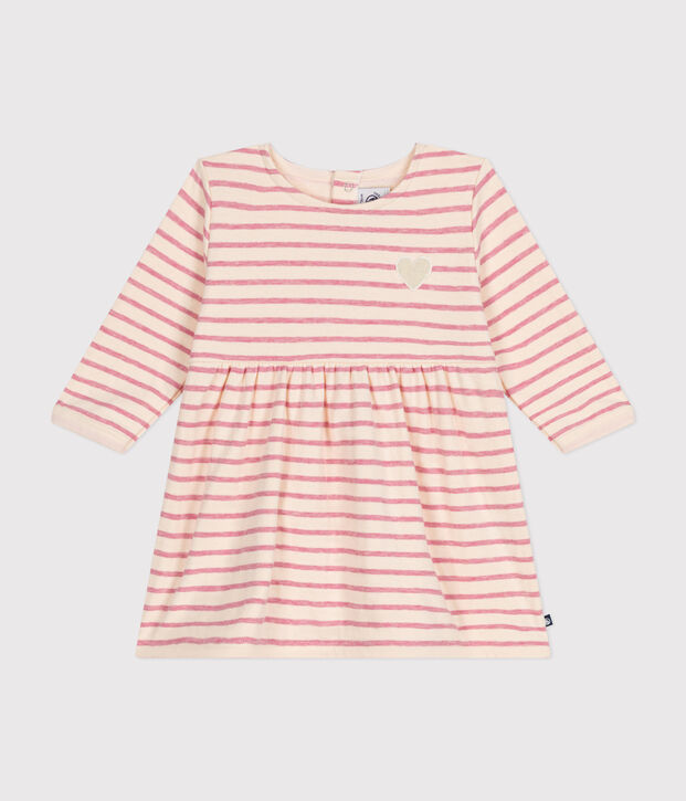Babies' long-sleeved tube knit dress Ecru/pink