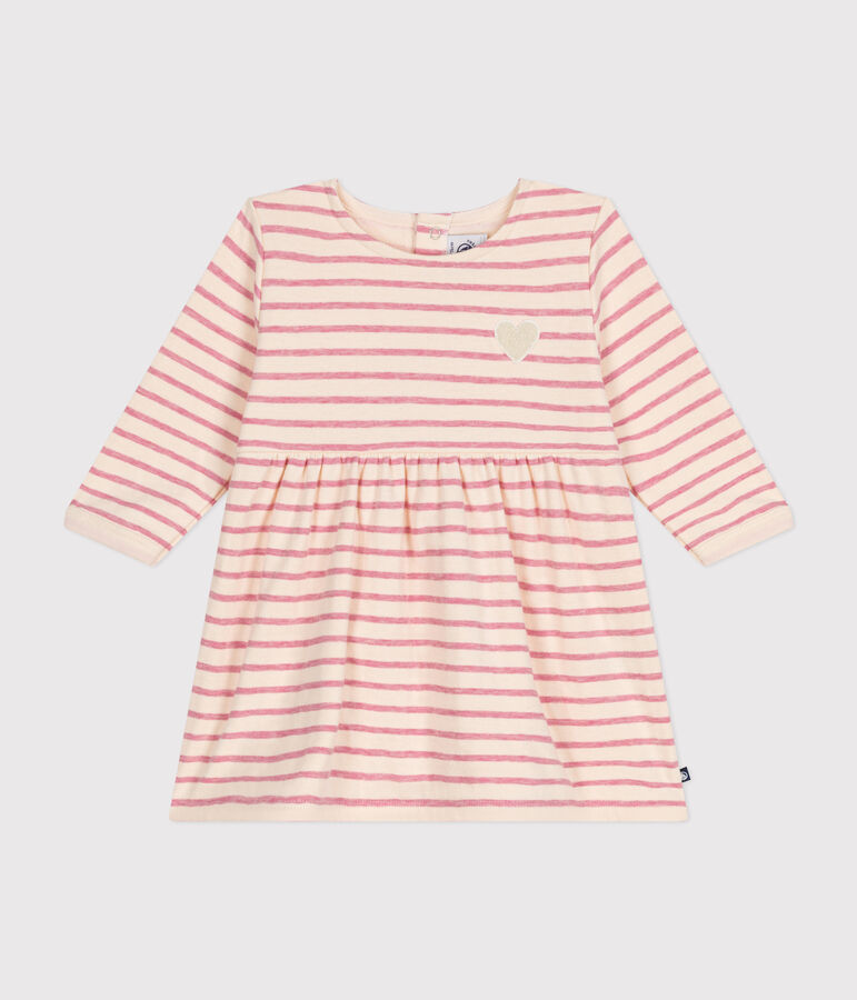 Babies' long-sleeved tube knit dress Ecru/pink