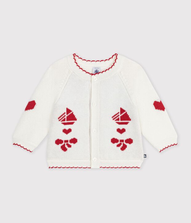 Babies' jaquard-patterned cardigan knitted in wool and cotton white/red