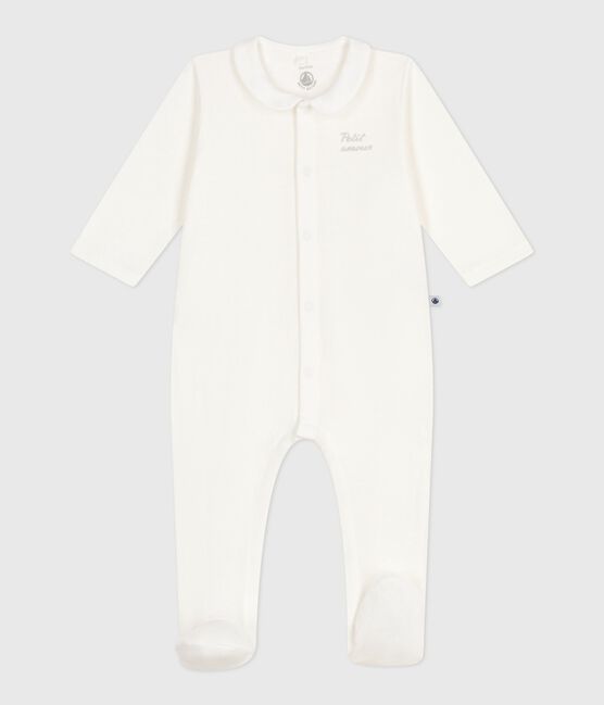 Babies' tube-knit pyjamas with a plain collar MARSHMALLOW white