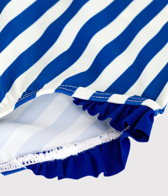 Babies' one-piece swimsuit with frills and a stripy print. SURF blue/MARSHMALLOW white