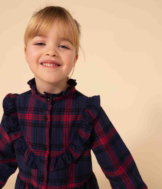 Girls' long-sleeved checked dress in checked cotton flannel SMOKING blue/MULTICO white