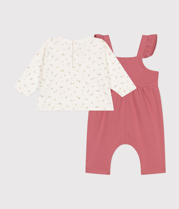 Babies' cotton T-shirt and fleece dungaree outfit pink/multicolor