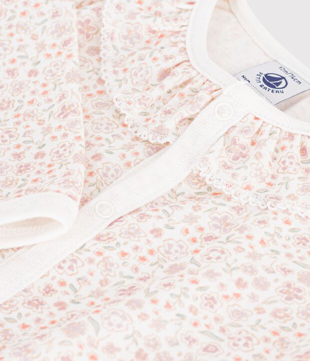 Babies' footless flower-print cotton pyjama suit with a collar white/multicolor