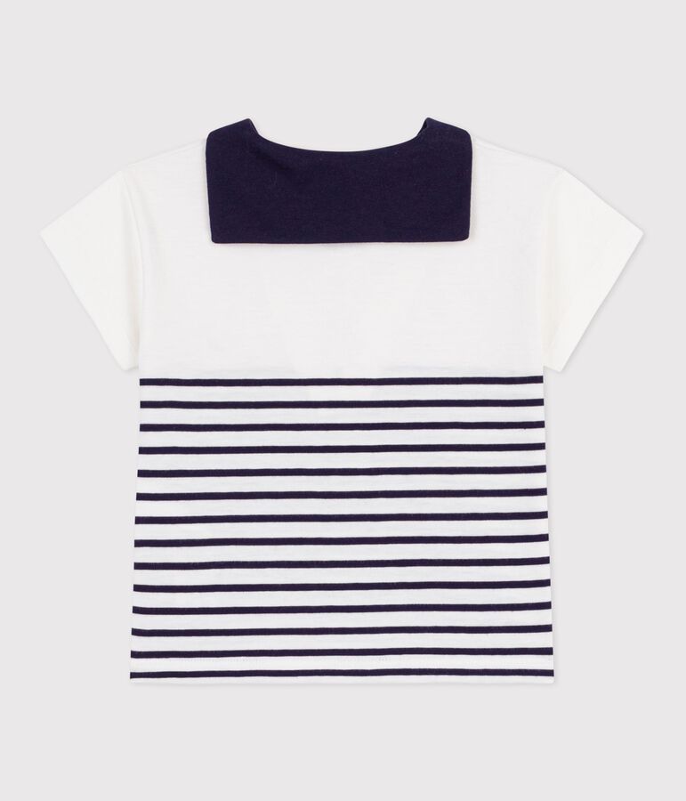 Babies' short sleeved cotton T-shirt with Breton stripes MARSHMALLOW blue/SOIR