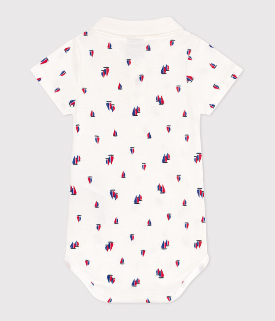 Babies' short-sleeved cotton body with a boat print MARSHMALLOW white/MULTICO white