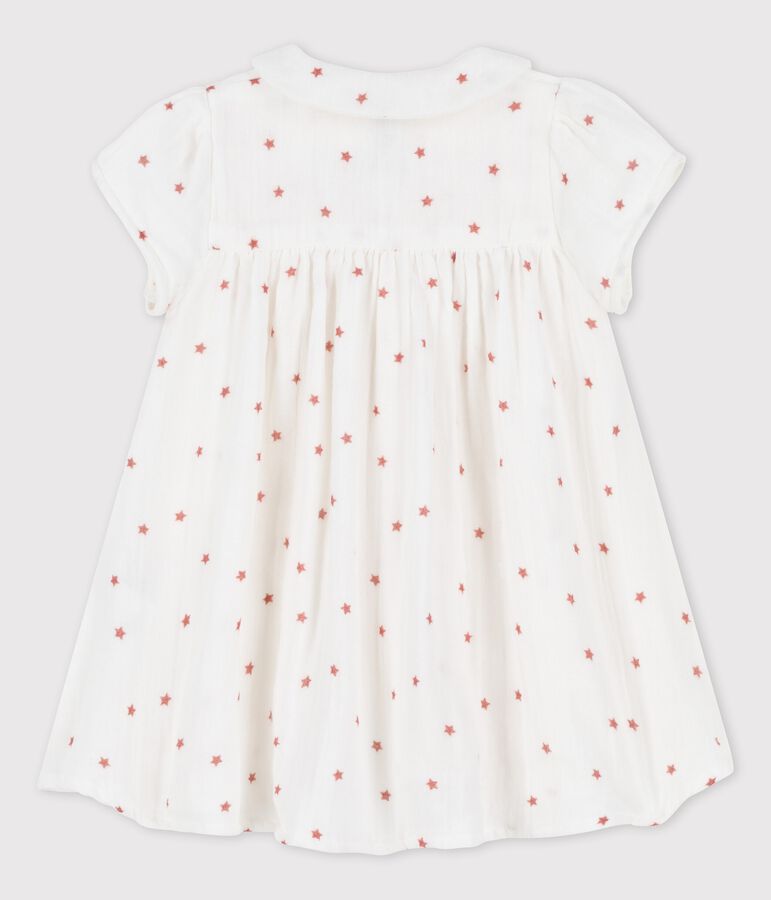 Babies' Organic Cotton Gauze Short-Sleeved Dress MARSHMALLOW white/OMBRIE red
