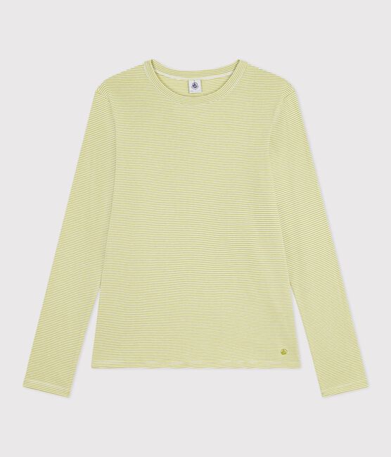 Women's long-sleeved striped cotton T-shirt MOSS green/MARSHMALLOW