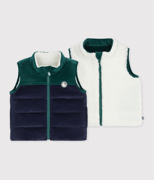 Babies' sleeveless reversible sherpa velour puffer jacket blue/multicolor
