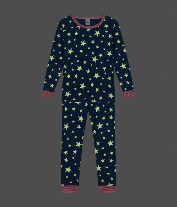 Children's glow in the dark star-printed cotton pyjamas blue/white