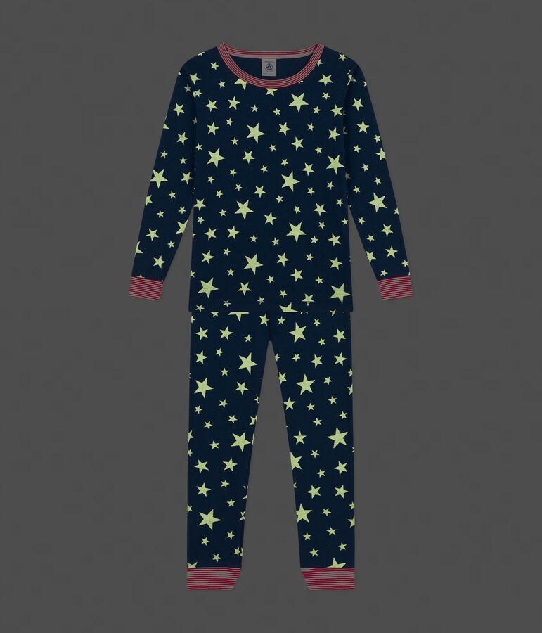 Children's glow in the dark star-printed cotton pyjamas blue/white