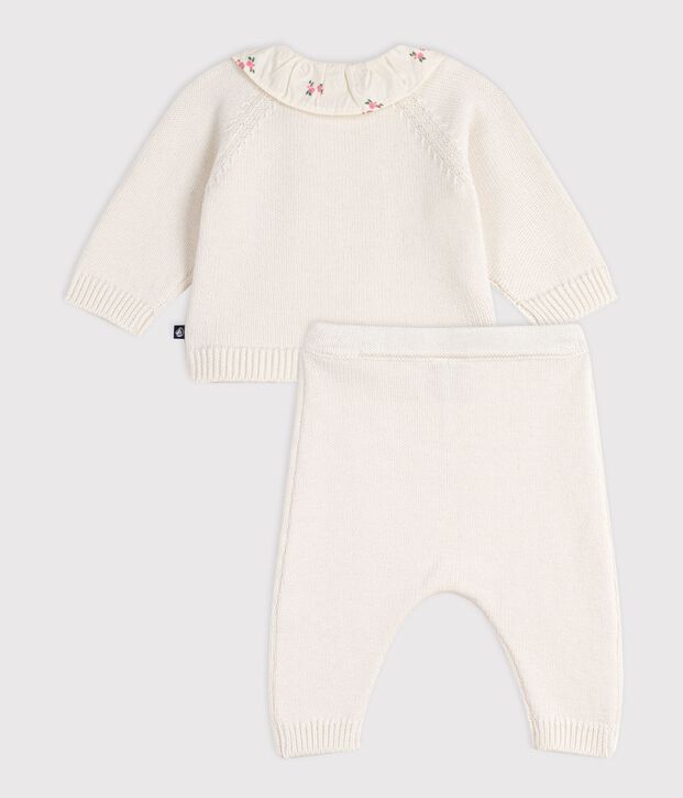 Babies' 2-piece set in wool and cotton with a flower-patterned ruff white