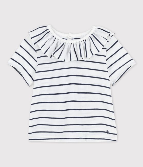 Babies' Short-Sleeved Striped Jersey Blouse MARSHMALLOW white/SMOKING blue