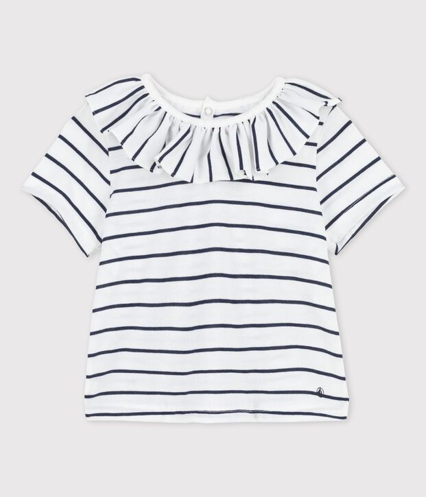 Babies' Short-Sleeved Striped Jersey Blouse white/blue