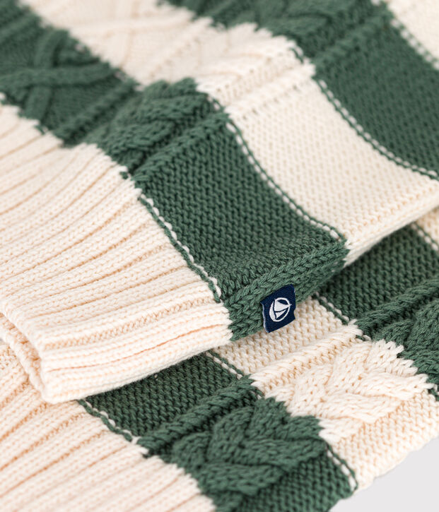 Children's Stripy Cotton Aran Pullover Ecru/green