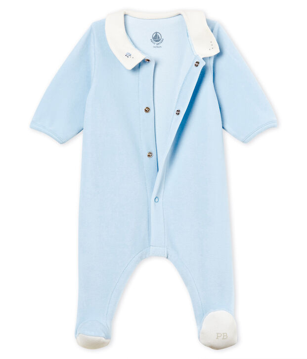Baby boys' sleepsuit in plain cotton velour blue