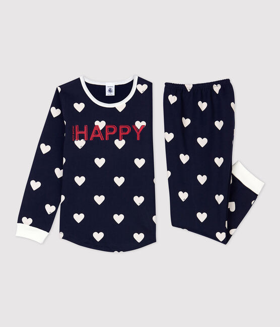 Girls' Heart Print Fleece Pyjamas SMOKING blue/MARSHMALLOW white