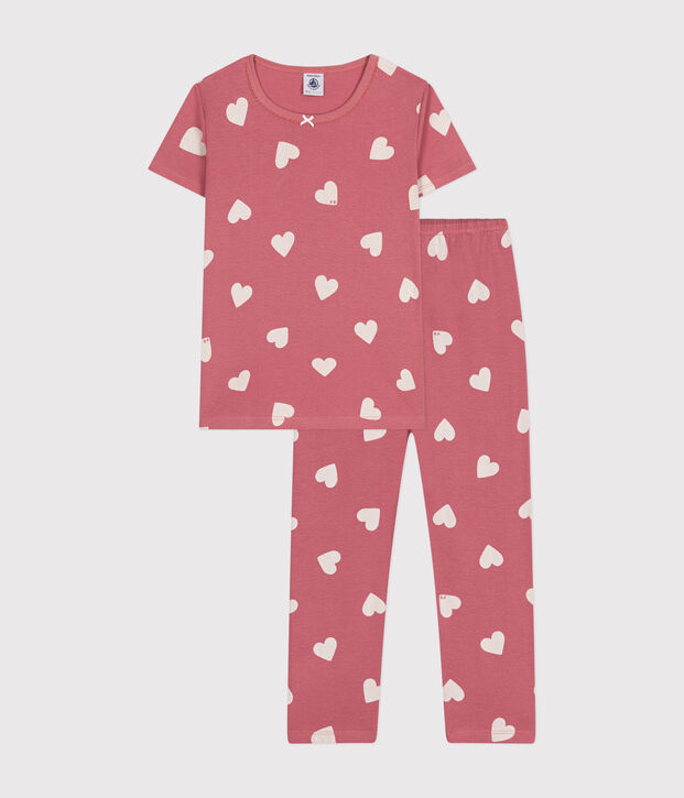 Children's heart print pattern cotton pyjamas pink/ecru