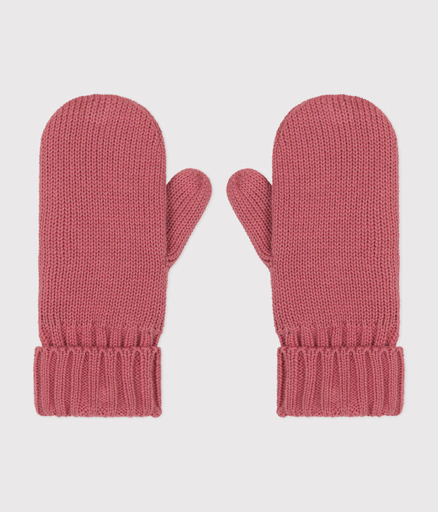 Children's plain knitted fleece-lined mittens pink