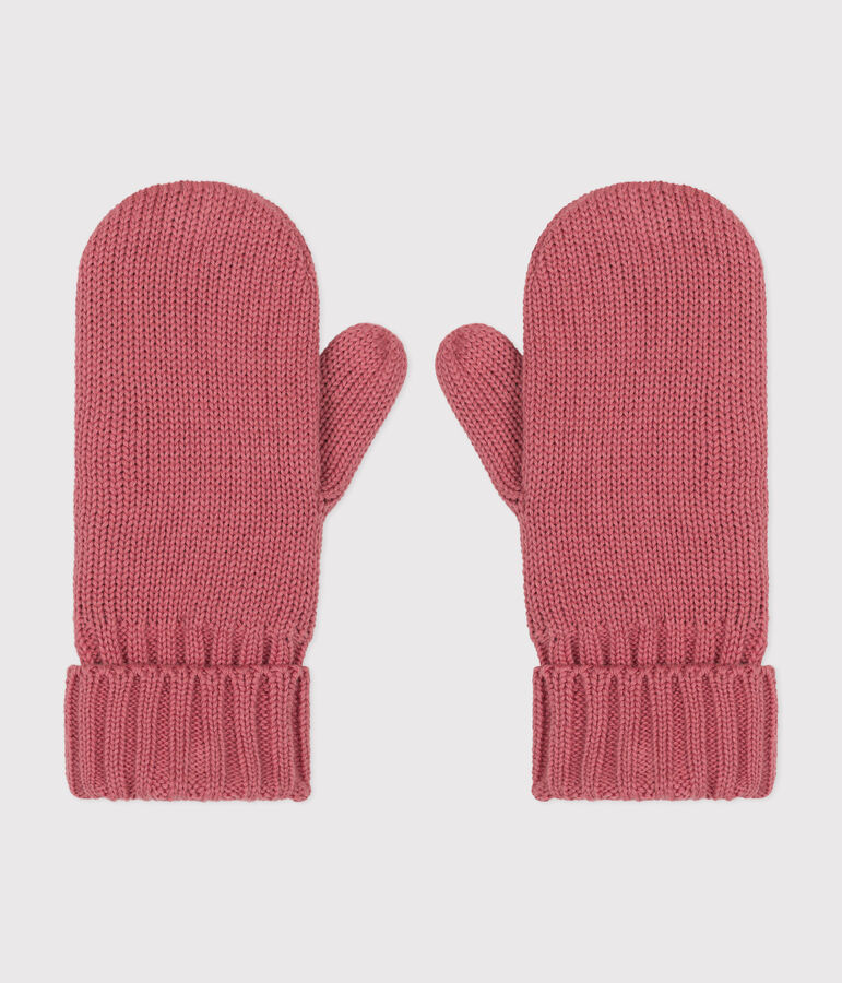 Children's plain knitted fleece-lined mittens pink