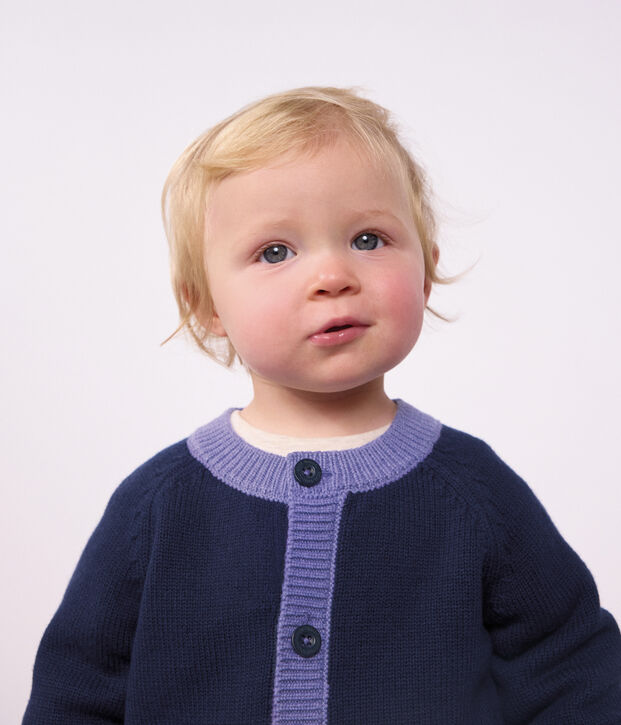 Babies' jaquard heart pattern cardigan knitted in wool and cotton blue/multicolor