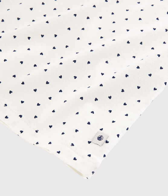 Girls'/Women's Cotton Short Pyjamas with Blue Hearts Pattern MARSHMALLOW white/MEDIEVAL blue