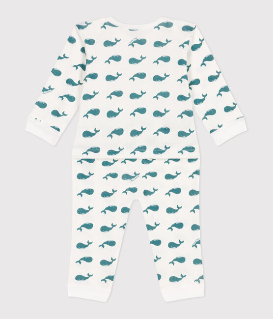 Babies' whale pattern popper-free cotton pyjamas MARSHMALLOW green/DRAGONFLY