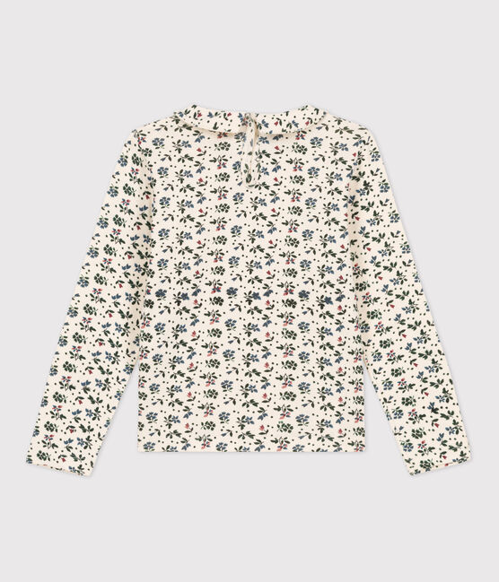 Girls' Long-Sleeved Floral Cotton T-Shirt AVALANCHE white/MULTICO