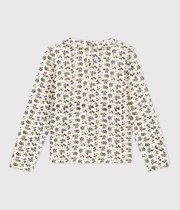 Girls' Long-Sleeved Floral Cotton T-Shirt Ecru/multicolor