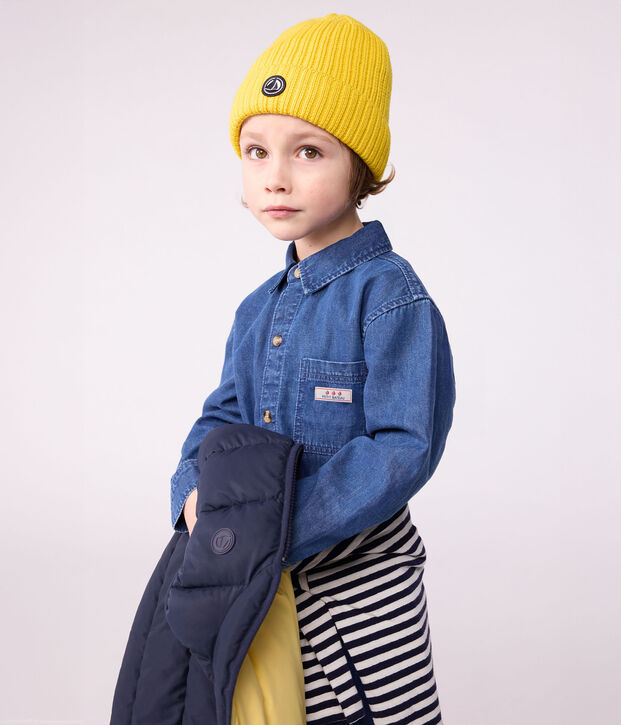 Children's knitted beanie hat lined in polar fleece yellow