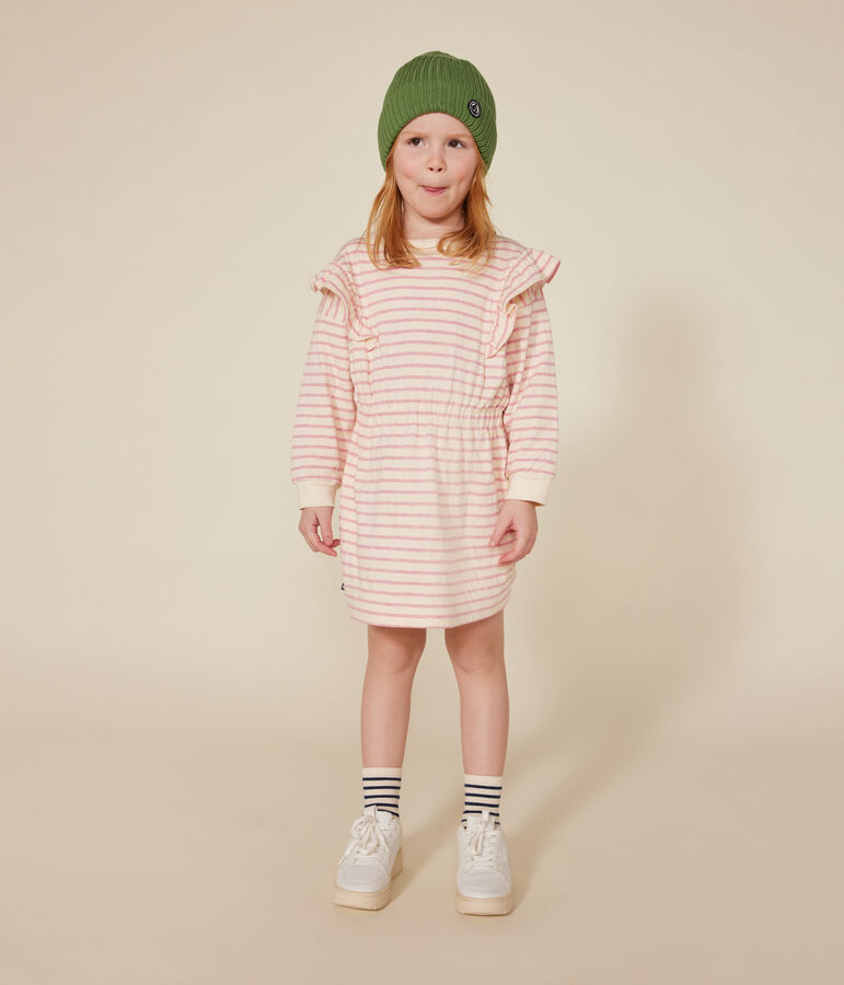 Girls' long-sleeved tube knit dress Ecru/pink