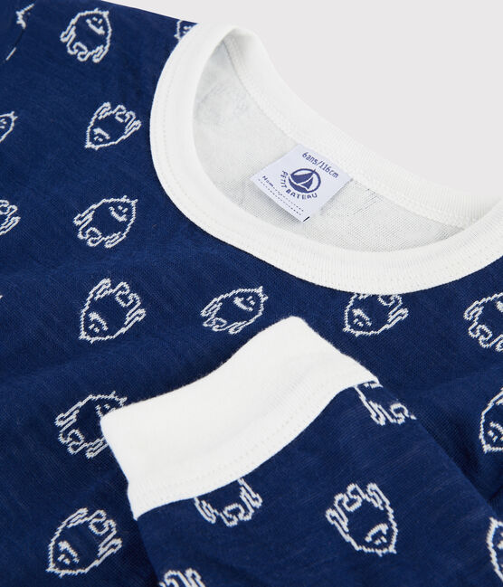 Boys' Yeti Patterned Wool/Cotton Pyjamas MEDIEVAL blue/MARSHMALLOW white