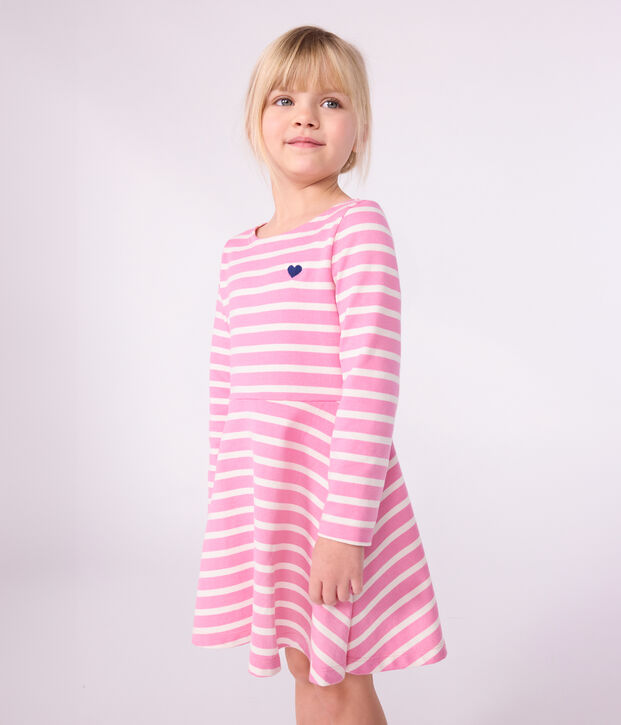 Children's long-sleeved cotton dress pink/ecru