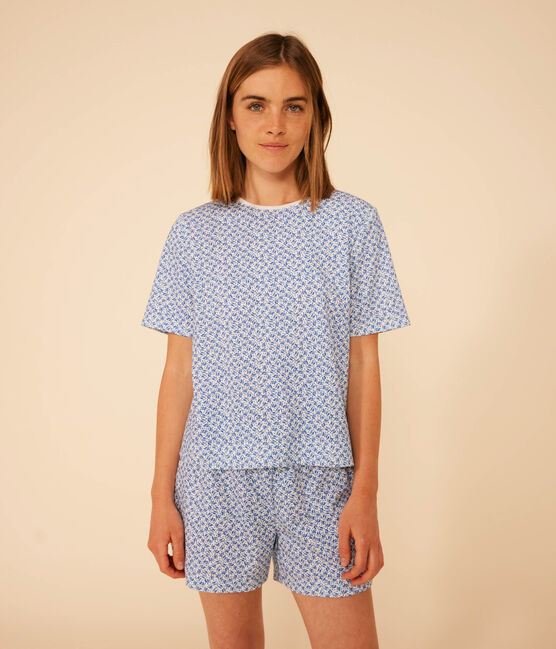 Women's Floral-pattern Cotton Pyjama Shorts and T-shirt MARSHMALLOW blue/INCOGNITO