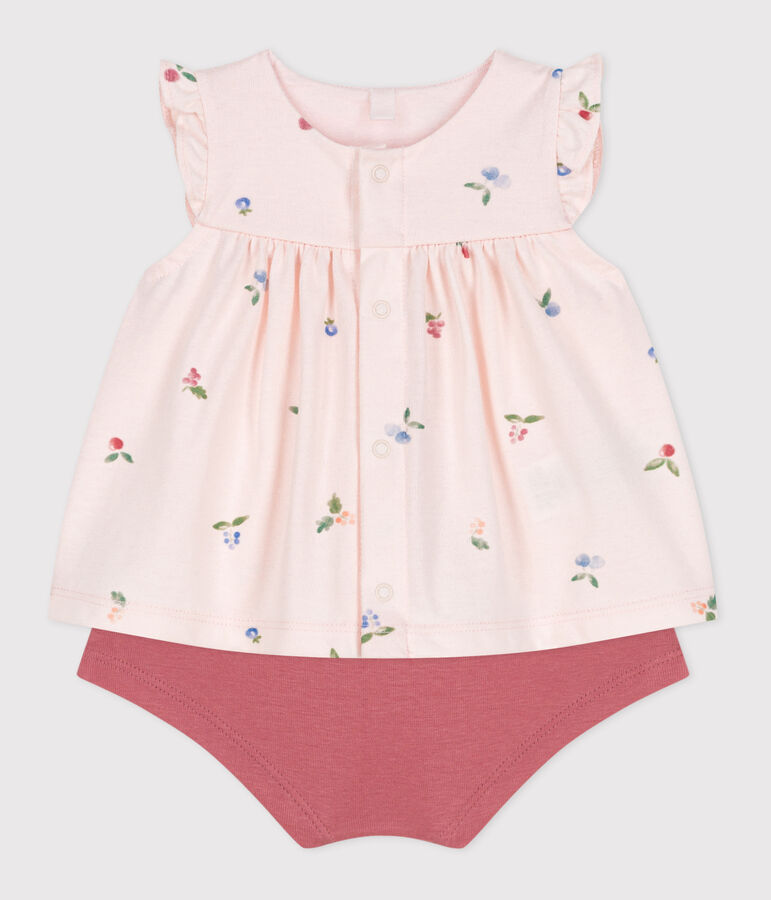 Newborn babies' two-piece cotton set with a ruffled blouse pink/multicolor