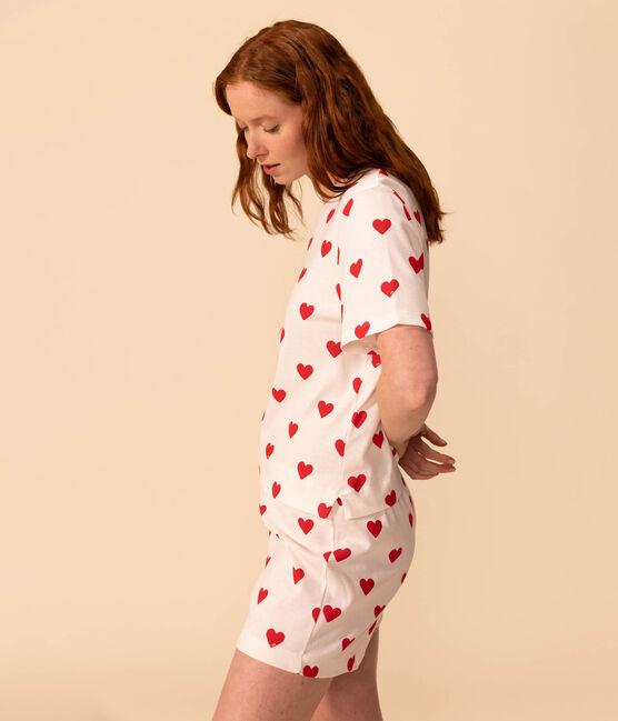 Women's Heart Themed Cotton Short Pyjamas MARSHMALLOW white/TERKUIT red