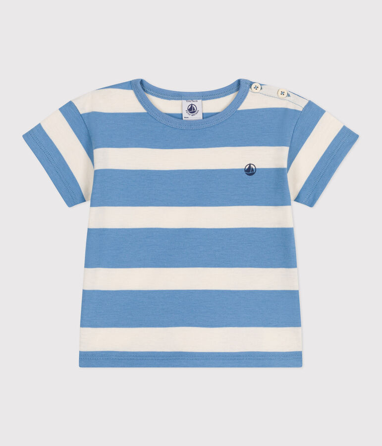 Babies' short-sleeved stripy cotton T-shirt ALASKA blue/AVALANCHE