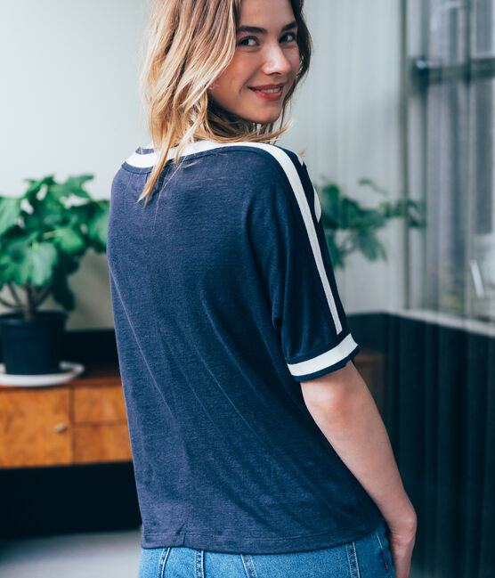 women's short sleeved tee-shirtin shiny linen SMOKING blue