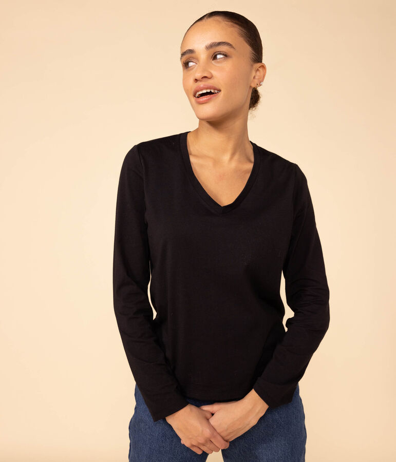 Women's The Straight long-sleeved V-necked fine jersey T-shirt black